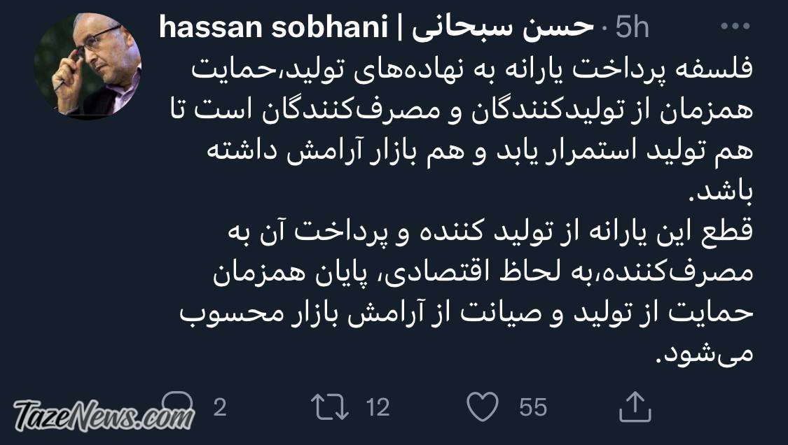 توییت حسن سبحانی یارانه