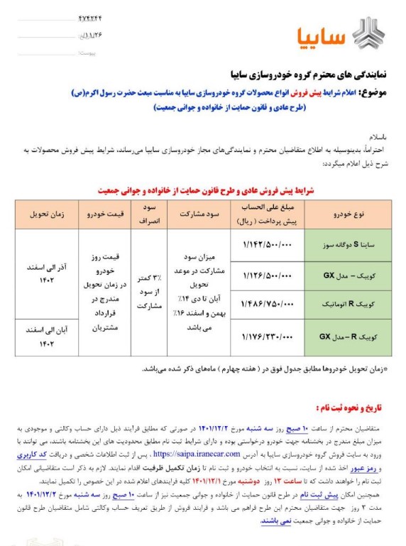 قیمت محصولات سایپا پیش فروش