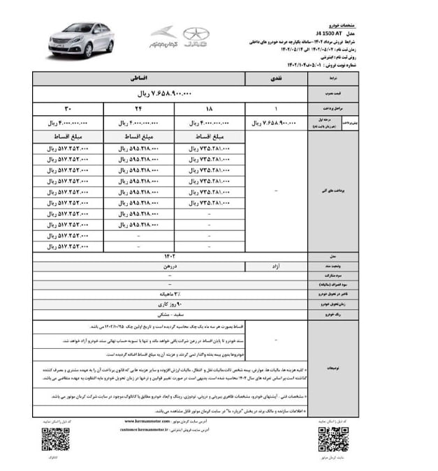 جدول فروش اقساطی خودرو