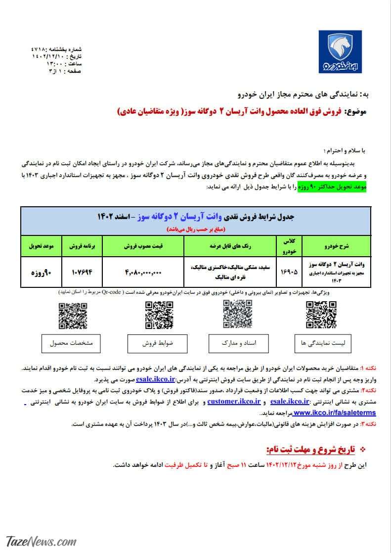 قیمت فروش فوق‌العاده ایران خودرو